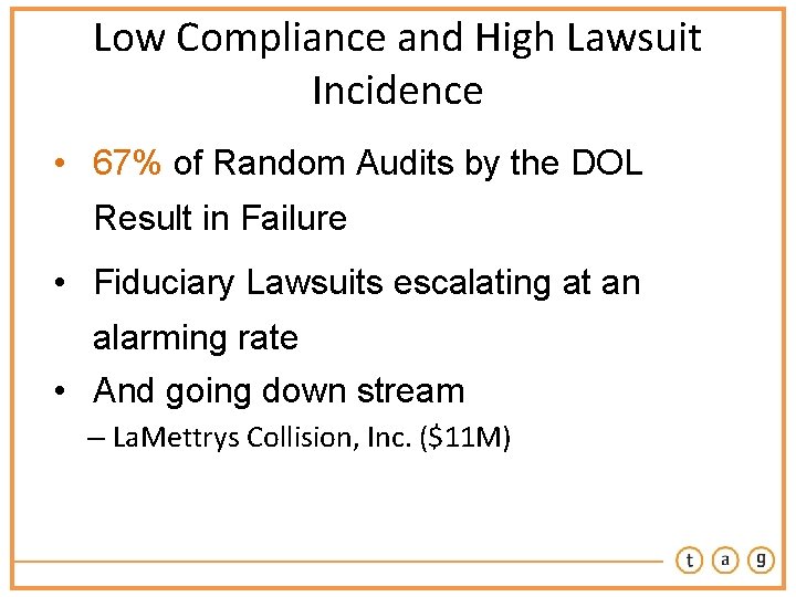 Low Compliance and High Lawsuit Incidence • 67% of Random Audits by the DOL