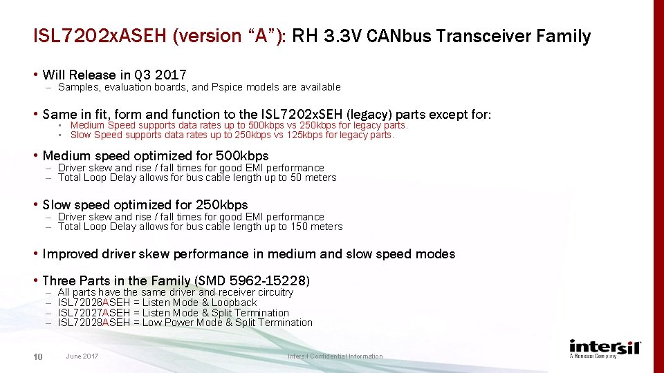 ISL 7202 x. ASEH (version “A”): RH 3. 3 V CANbus Transceiver Family •