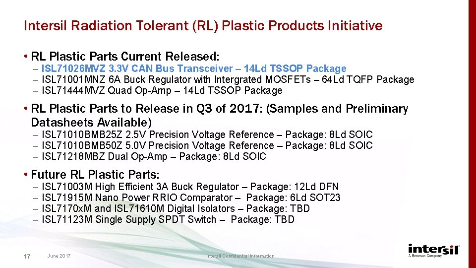 Intersil Radiation Tolerant (RL) Plastic Products Initiative • RL Plastic Parts Current Released: –