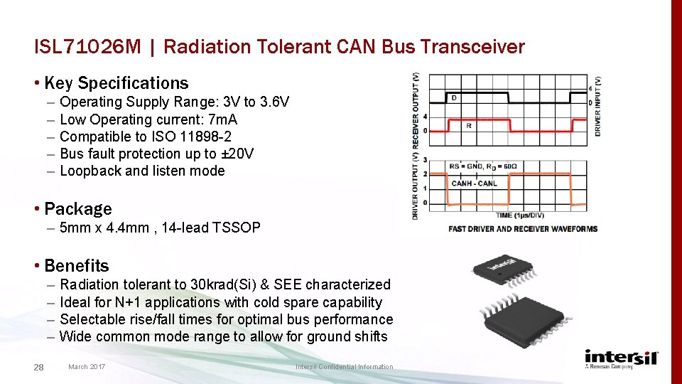 ISL 71026 M | Radiation Tolerant CAN Bus Transceiver • Key Specifications – –