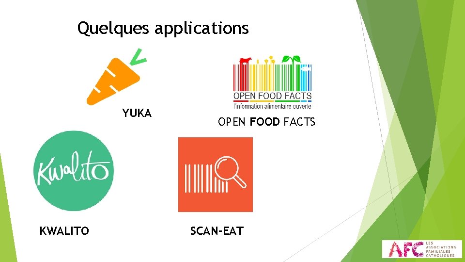 Quelques applications YUKA KWALITO OPEN FOOD FACTS SCAN-EAT 