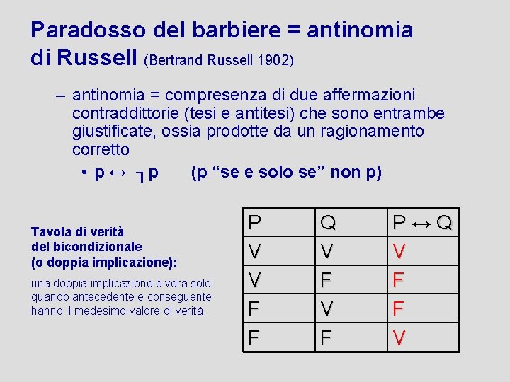 Paradosso del barbiere = antinomia di Russell (Bertrand Russell 1902) – antinomia = compresenza