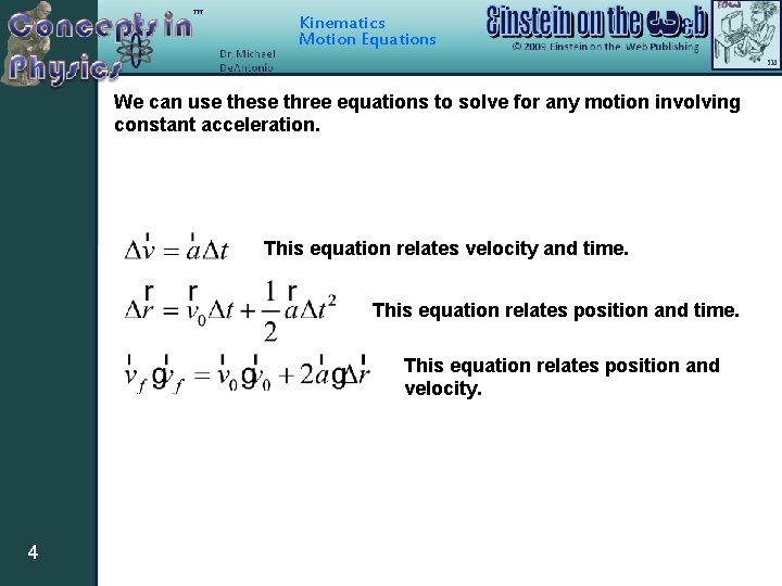 Kinematics Motion Equations We can use these three equations to solve for any motion Kinematics Motion Equations We can use these three equations to solve for any motion