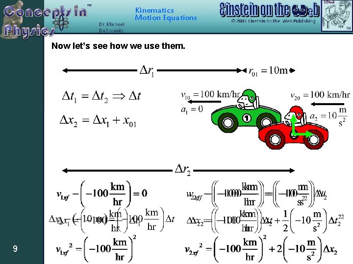Kinematics Motion Equations Now let’s see how we use them. 2 9 Kinematics Motion Equations Now let’s see how we use them. 2 9