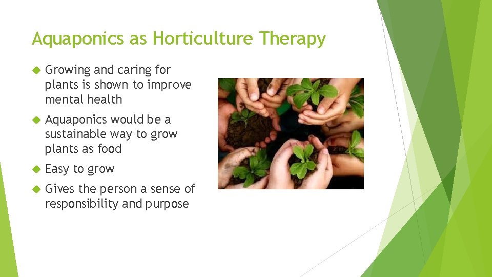 Aquaponics as Horticulture Therapy Growing and caring for plants is shown to improve mental