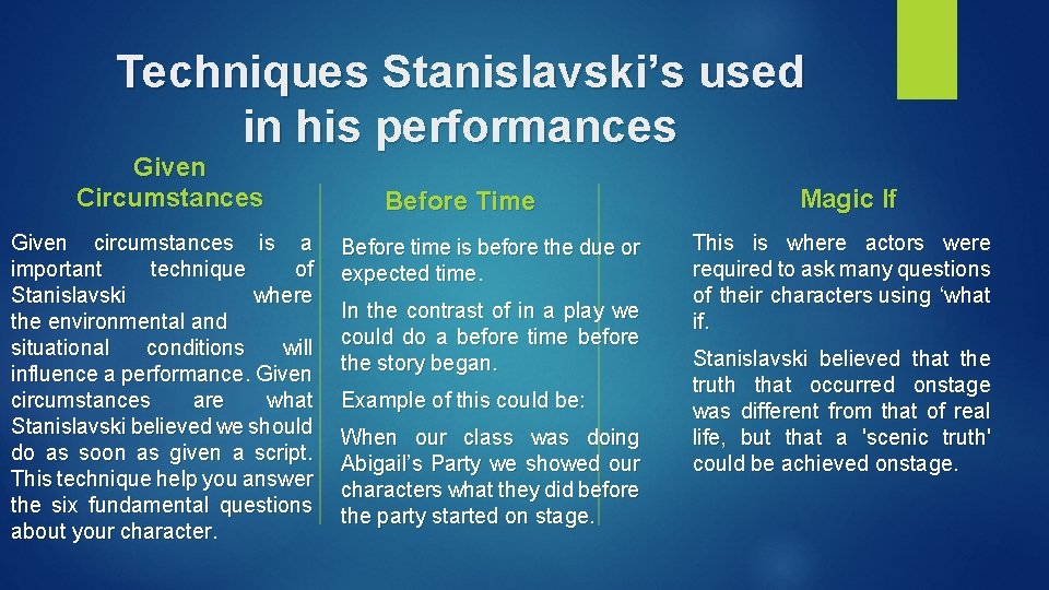 Techniques Stanislavski’s used in his performances Given Circumstances Given circumstances is a important technique