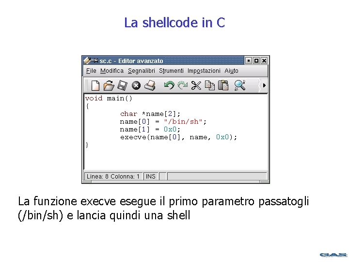 La shellcode in C La funzione execve esegue il primo parametro passatogli (/bin/sh) e