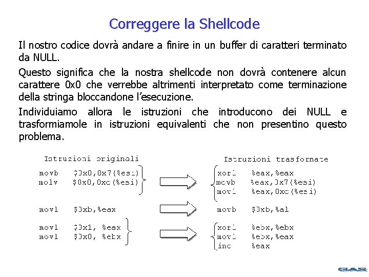Correggere la Shellcode Il nostro codice dovrà andare a finire in un buffer di