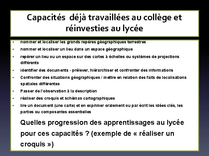 Capacités déjà travaillées au collège et réinvesties au lycée • nommer et localiser les