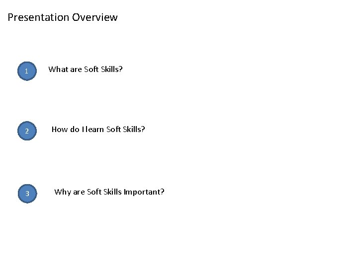 Presentation Overview 1 2 3 What are Soft Skills? How do I learn Soft