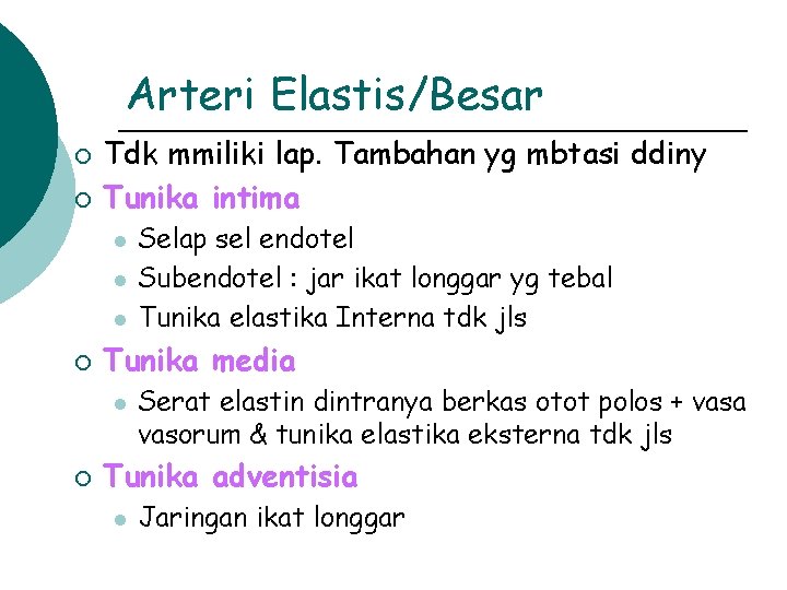 Arteri Elastis/Besar ¡ ¡ Tdk mmiliki lap. Tambahan yg mbtasi ddiny Tunika intima l