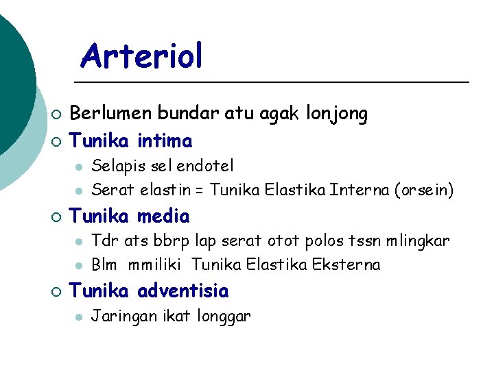 Arteriol ¡ ¡ Berlumen bundar atu agak lonjong Tunika intima l l ¡ Tunika