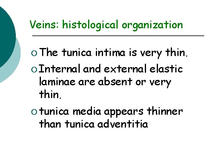 Veins: histological organization ¡ The tunica intima is very thin. ¡ Internal and external