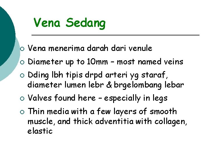 Vena Sedang ¡ Vena menerima darah dari venule ¡ Diameter up to 10 mm