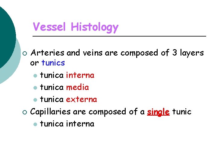 Vessel Histology ¡ ¡ Arteries and veins are composed of 3 layers or tunics