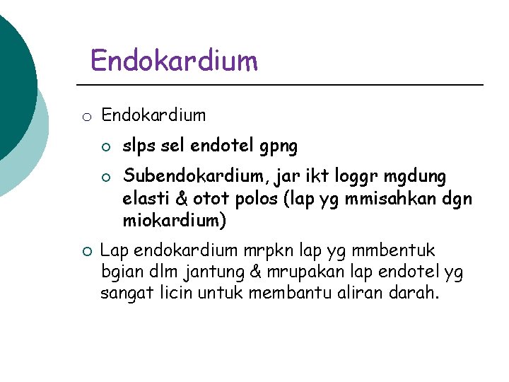 Endokardium o Endokardium ¡ ¡ ¡ slps sel endotel gpng Subendokardium, jar ikt loggr