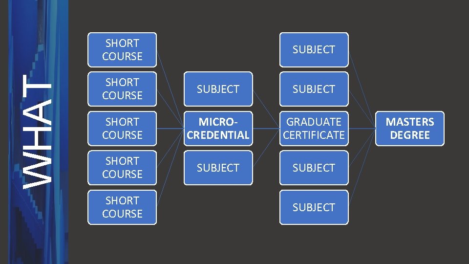 WHAT SHORT COURSE SUBJECT SHORT COURSE MICROCREDENTIAL GRADUATE CERTIFICATE SHORT COURSE SUBJECT MASTERS DEGREE