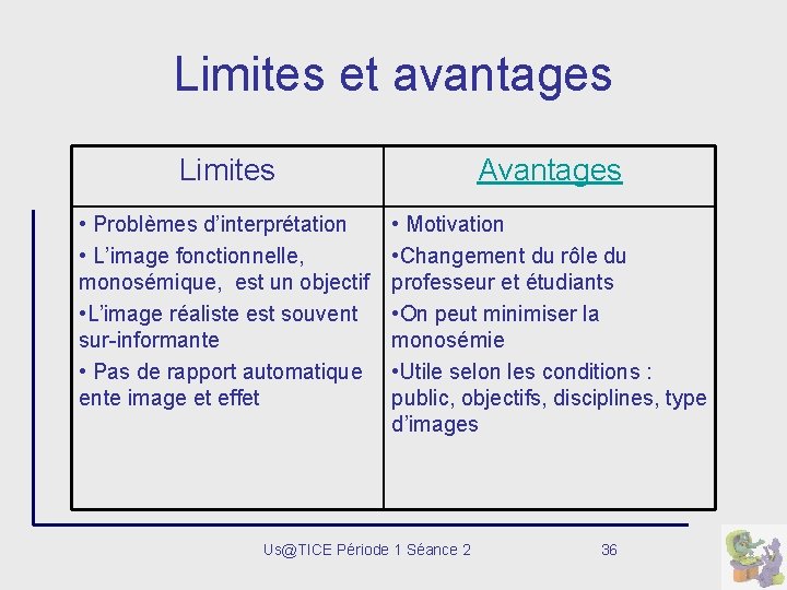 Limites et avantages Limites Avantages • Problèmes d’interprétation • L’image fonctionnelle, monosémique, est un