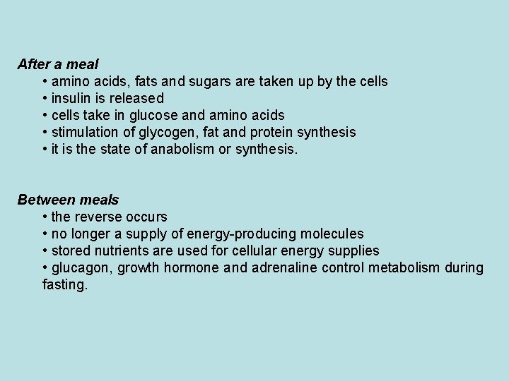 After a meal • amino acids, fats and sugars are taken up by the