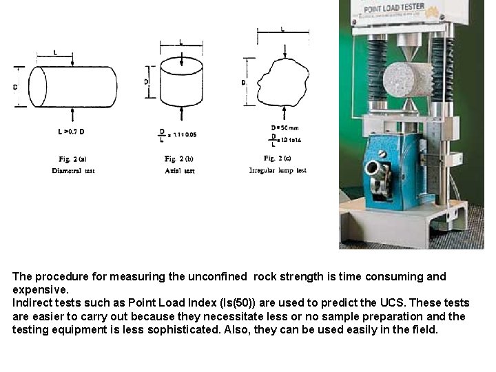 The procedure for measuring the unconfined rock strength is time consuming and expensive. Indirect