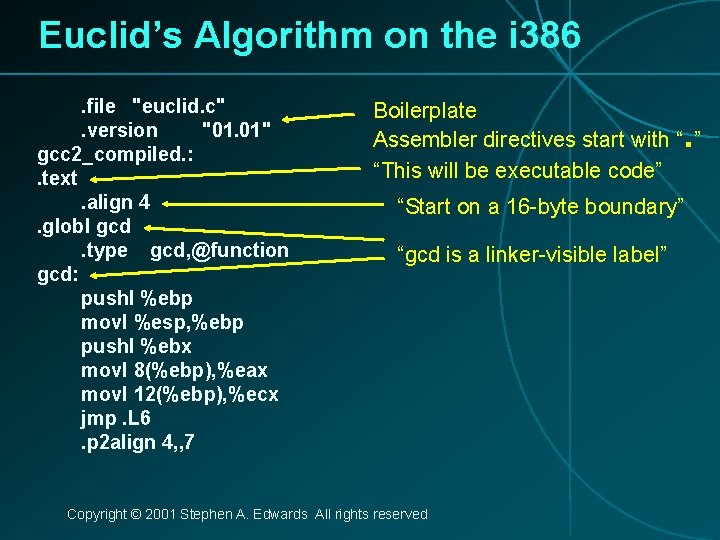 Euclid’s Algorithm on the i 386. file "euclid. c". version "01. 01" gcc 2_compiled.