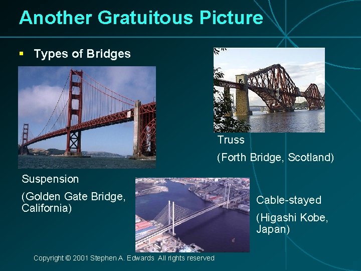 Another Gratuitous Picture § Types of Bridges Truss (Forth Bridge, Scotland) Suspension (Golden Gate