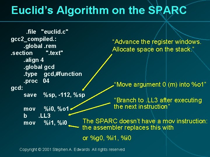 Euclid’s Algorithm on the SPARC. file "euclid. c" gcc 2_compiled. : . global. rem.