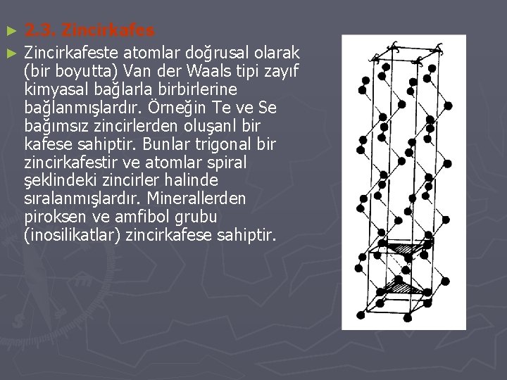 2. 3. Zincirkafes ► Zincirkafeste atomlar doğrusal olarak (bir boyutta) Van der Waals tipi