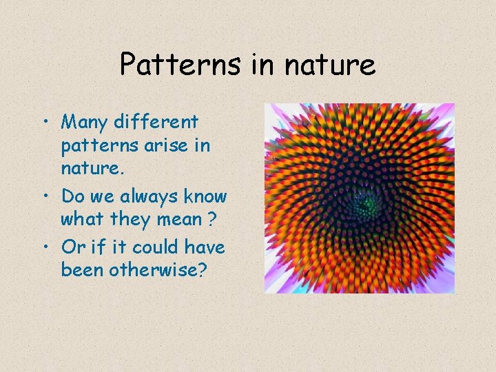 Patterns in nature • Many different patterns arise in nature. • Do we always