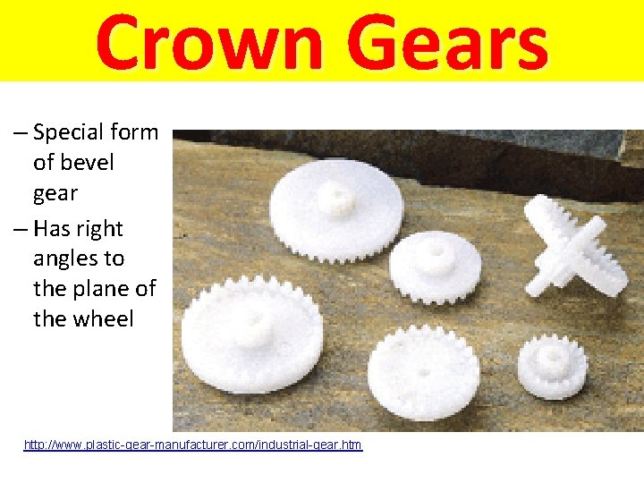 Crown Gears – Special form of bevel gear – Has right angles to the
