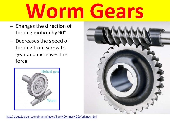 Worm Gears – Changes the direction of turning motion by 90° – Decreases the