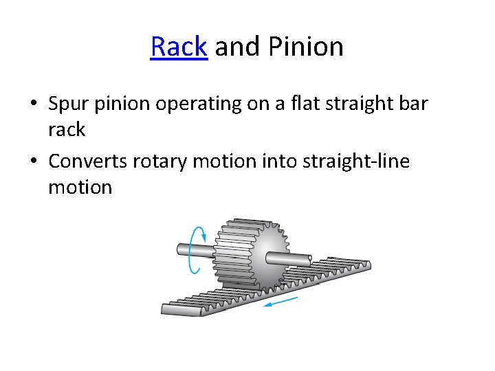 Rack and Pinion • Spur pinion operating on a flat straight bar rack •