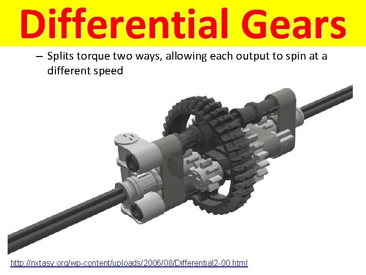 Differential Gears – Splits torque two ways, allowing each output to spin at a