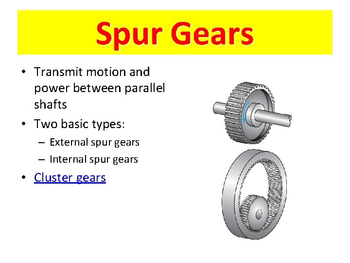 Spur Gears • Transmit motion and power between parallel shafts • Two basic types: