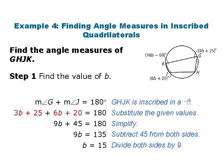 Example 4: Finding Angle Measures in Inscribed Quadrilaterals Find the angle measures of GHJK.