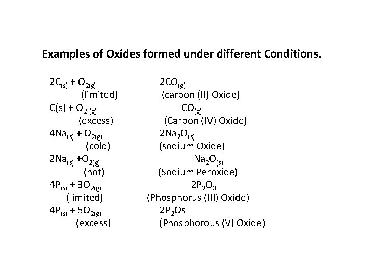 Examples of Oxides formed under different Conditions. 2 C(s) + O 2(g) 2 CO(g)