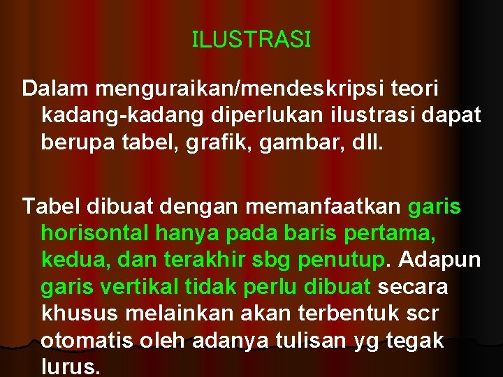 ILUSTRASI Dalam menguraikan/mendeskripsi teori kadang-kadang diperlukan ilustrasi dapat berupa tabel, grafik, gambar, dll. Tabel