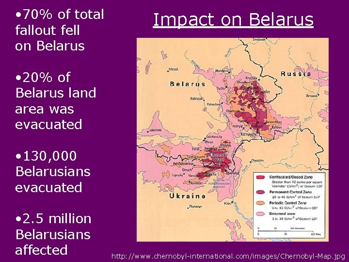  • 70% of total fallout fell on Belarus Impact on Belarus • 20%