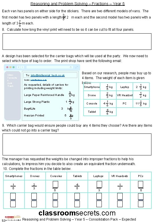 Reasoning and Problem Solving – Fractions – Year 5 Each van has panels on