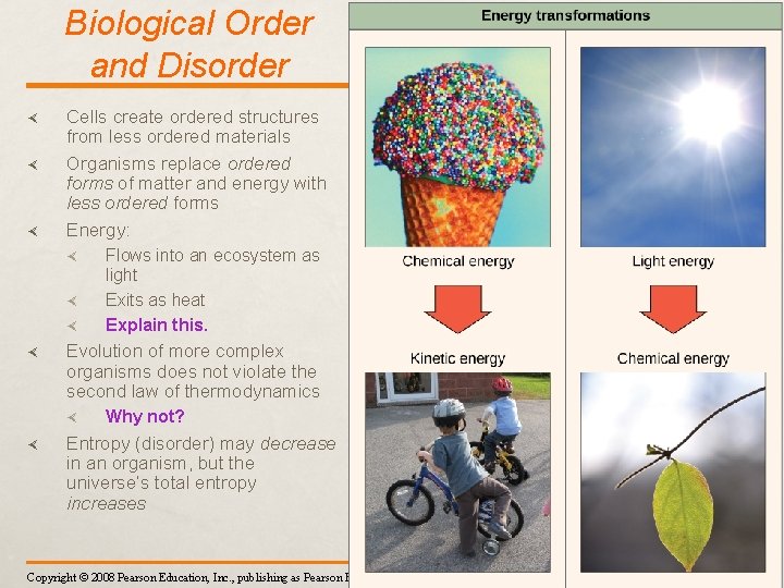 Biological Order and Disorder Cells create ordered structures from less ordered materials Organisms replace