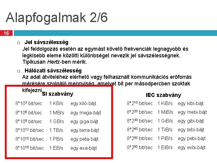 Alapfogalmak 2/6 16 Jel sávszélesség Jel feldolgozás esetén az egymást követő frekvenciák legnagyobb és