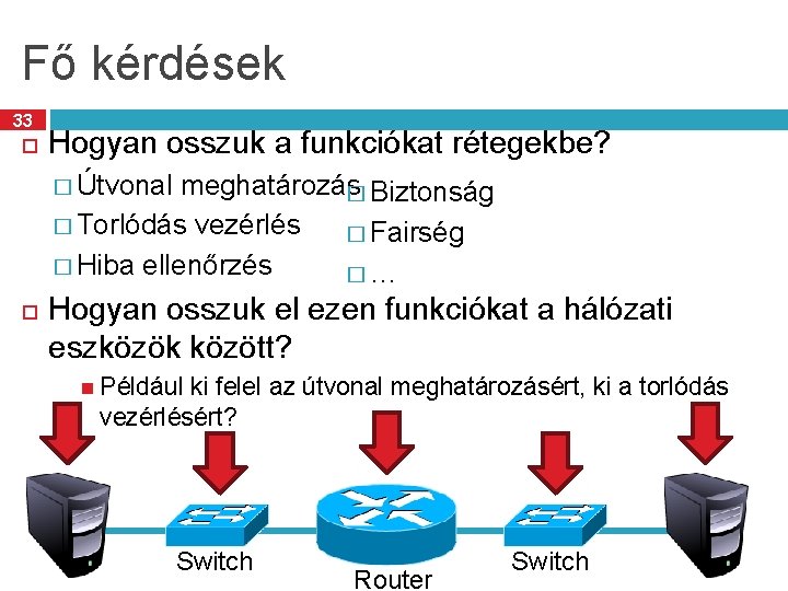Fő kérdések 33 Hogyan osszuk a funkciókat rétegekbe? � Útvonal meghatározás � Biztonság �