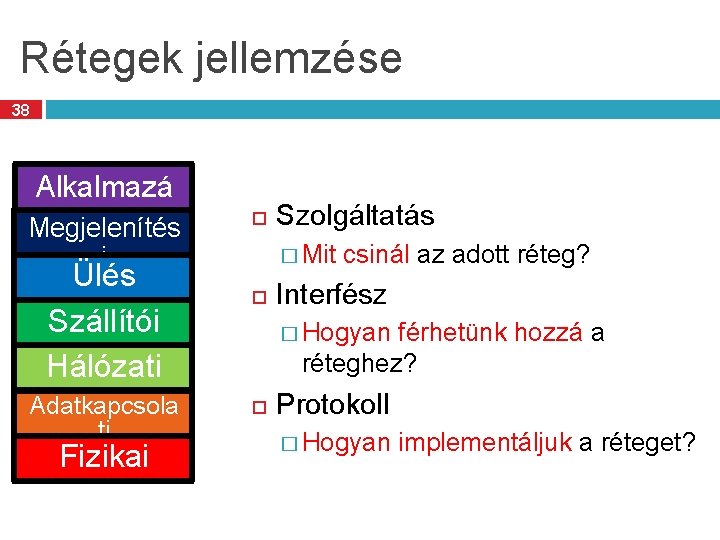 Rétegek jellemzése 38 Alkalmazá si Megjelenítés � Mit csinál az adott réteg? i Ülés