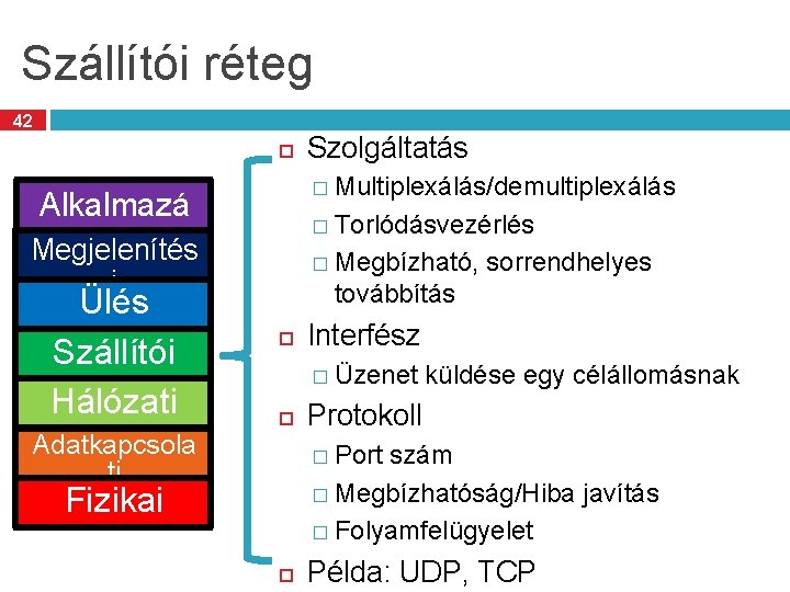 Szállítói réteg 42 � Multiplexálás/demultiplexálás Alkalmazá si Megjelenítés � Torlódásvezérlés � Megbízható, sorrendhelyes i