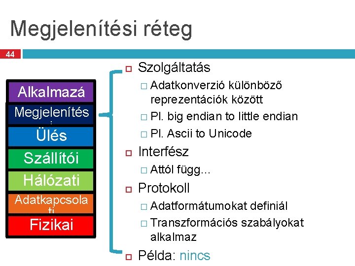 Megjelenítési réteg 44 � Adatkonverzió különböző Alkalmazá si Megjelenítés reprezentációk között � Pl. big