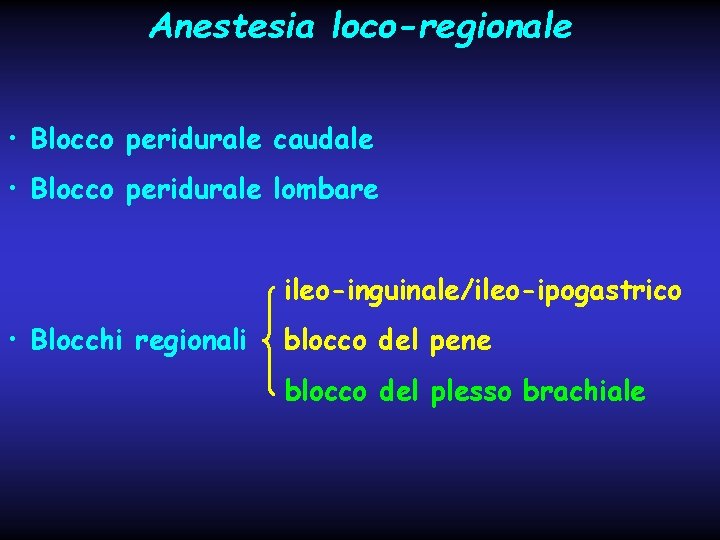 Anestesia loco-regionale • Blocco peridurale caudale • Blocco peridurale lombare ileo-inguinale/ileo-ipogastrico • Blocchi regionali