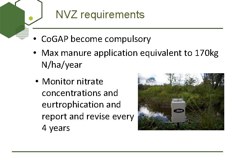 NVZ requirements • Co. GAP become compulsory • Max manure application equivalent to 170