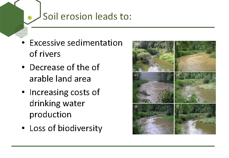 Soil erosion leads to: • Excessive sedimentation of rivers • Decrease of the of