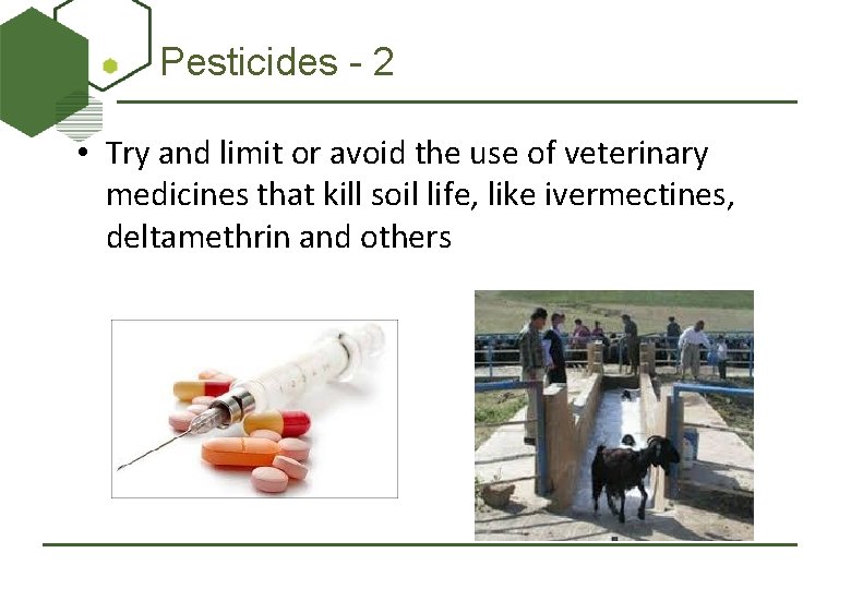 Pesticides - 2 • Try and limit or avoid the use of veterinary medicines