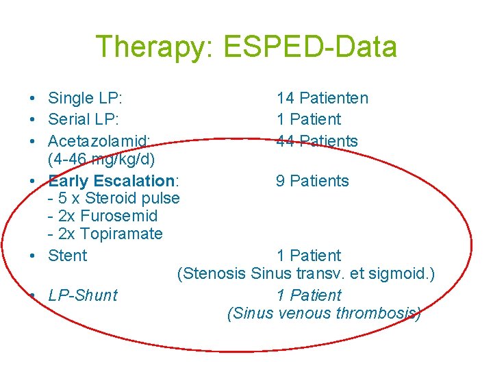 Therapy: ESPED-Data • Single LP: 14 Patienten • Serial LP: 1 Patient • Acetazolamid: